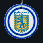 Ornamento De Cerâmica Leão de Judah Emblem Jerusalém Hebraico<br><div class="desc">O ornamento cerâmico redondo com uma imagem,  em ambos os lados,  de um leão azul e amarelo de emblema Judah e bordas duplas largas,  aparadas em azul claro e em branco. Veja toda a coleção de Pedidos de Hanukkah na categoria HOME na seção HOLIDAYS.</div>
