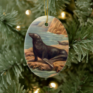 Ornamento De Cerâmica Leão de mar pelo litoral, mamíferos marinhos do