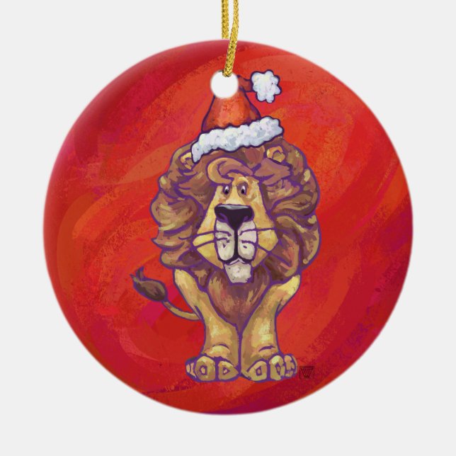 Ornamento De Cerâmica Leão de Natal no Vermelho (Frente)