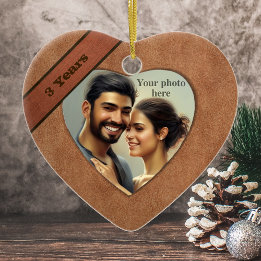 Ornamento De Cerâmica Leather Look 3rd Anniversário: Adicione Sua Foto