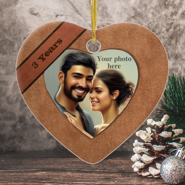 Ornamento De Cerâmica Leather Look 3rd Anniversário: Adicione Sua Foto (Criador carregado)