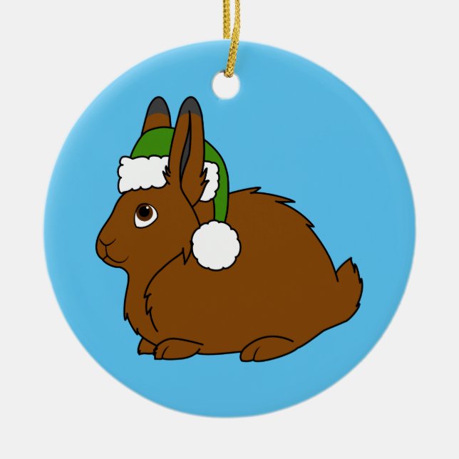 Ornamento De Cerâmica Lebre ártica de Brown com o chapéu do papai noel (Frente)