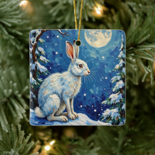 Ornamento De Cerâmica Lebre Ártica Vintage na Luz da Lua de Natal
