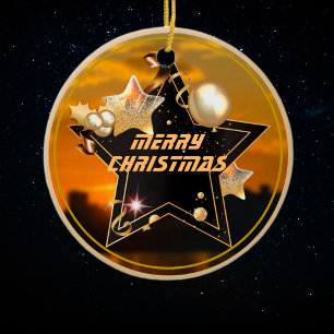 Ornamento De Cerâmica Legal estrelas Douradas do Metálico Negra  Merry X