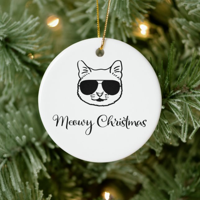 Ornamento De Cerâmica legal Gato de "Feliz Natal" em Shades (Árvore)