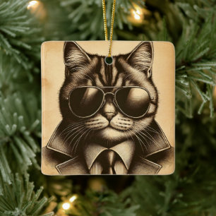 Ornamento De Cerâmica Legal Gato Retroativo no Natal dos Óculos de Sol A