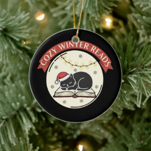 Ornamento De Cerâmica Leituras Aconchegantes de Inverno Gato de Natal Li
