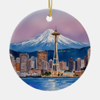 Ornamento De Cerâmica Lembrança de Aquarela de Seattle Washington