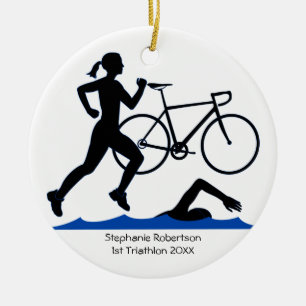 Ornamento De Cerâmica Lembrança fêmea do Triathlon no azul