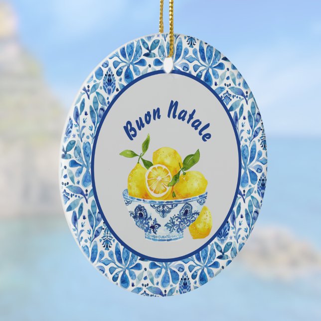 Ornamento De Cerâmica Lemon Mediterranean Buon Natale Azulejo Blue Toile (Criador carregado)