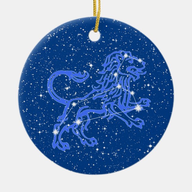 Ornamento De Cerâmica Leo Zodiac Sinal com Estrelas em Azul Profundo (Frente)