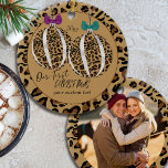 Ornamento De Cerâmica Leopard Imprime Nossa Primeira Foto Personalizada<br><div class="desc">Nosso primeiro ornamento de natal, personalizado com uma foto, o ano e sua redação personalizada. A design apresenta 2 ornamentos de árvores rubladas de impressão leopardo com arcos. Ele está escrito com "nosso primeiro natal... " e você pode completar a frase com seu texto personalizado, como, juntos, em nossa nova...</div>
