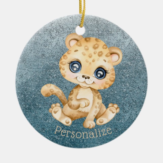 Ornamento De Cerâmica Leopardo-branco personalização da luz azul (Frente)