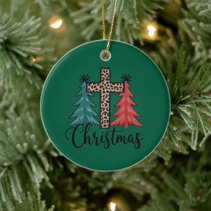 Ornamento De Cerâmica Leopardo Cruz Árvores de Natal Cristão 