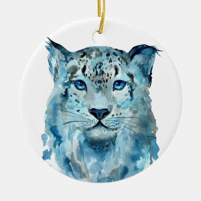 Ornamento De Cerâmica Leopardo de Neve de Aquarela (Frente)