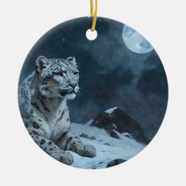 Ornamento De Cerâmica Leopardo de Neve e Lua Cheia (Frente)