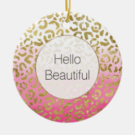 Ornamento De Cerâmica Leopardo Dourado com Aquarela Rosa