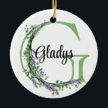 Ornamento De Cerâmica Letra alfabética G, botânica da Lavanda de aquarel<br><div class="desc">Um design romântico e elegante com letra alfabética monográfica "G", enquadrada por eucalipto e lavanda e libélula pintados em aquarelas. Para começar a alterar o nome, clique em "Personalizar este modelo" e edite o texto nas caixas modelo. Para acessar as ferramentas de edição mais avançadas, role para baixo até "Clique...</div>