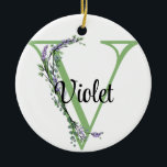 Ornamento De Cerâmica Letra alfabética V, botânica da Lavanda de aquarel<br><div class="desc">Um design romântico e elegante com letra alfabética monográfica "V", enquadrado por eucalipto e lavanda e libélula pintados em aquarelas. Para começar a alterar o nome, clique em "Personalizar este modelo" e edite o texto nas caixas modelo. Para acessar as ferramentas de edição mais avançadas, role para baixo até "Clique...</div>