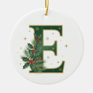 Ornamento De Cerâmica Letra E de Natal com Monograma de Azevinho