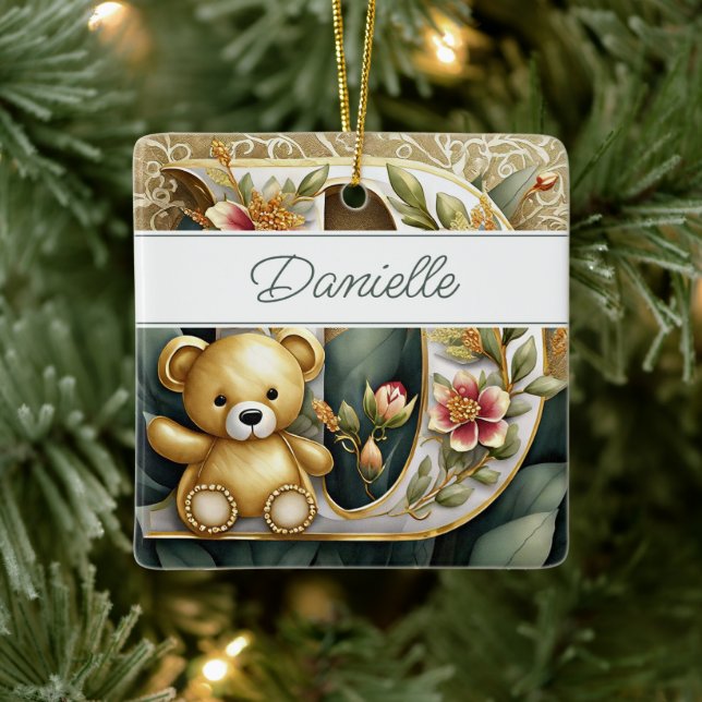 Ornamento De Cerâmica Letra FLoral Teddy Bear D personalizada (Árvore)