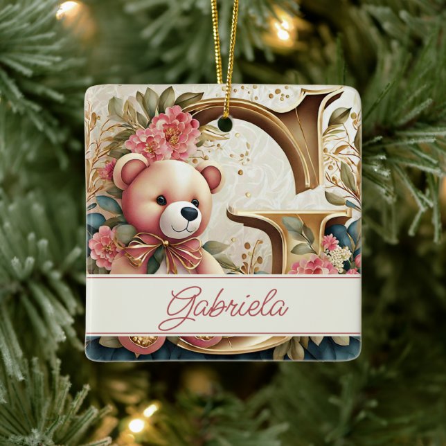 Ornamento De Cerâmica Letra FLoral Teddy Bear G personalizada (Árvore)