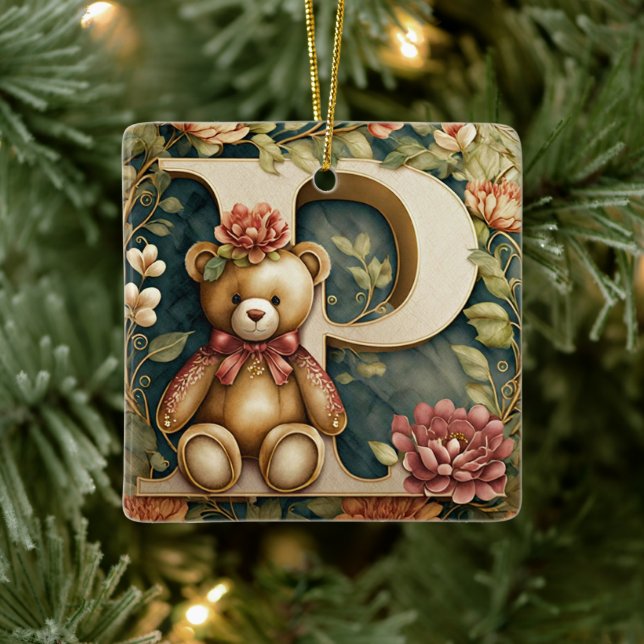Ornamento De Cerâmica Letra FLoral Teddy Bear P (Árvore)