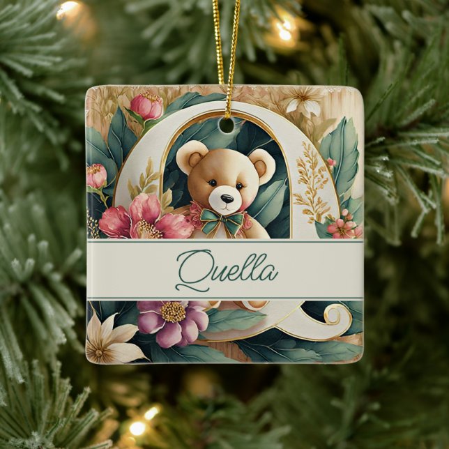 Ornamento De Cerâmica Letra FLoral Teddy Bear Q personalizada (Árvore)