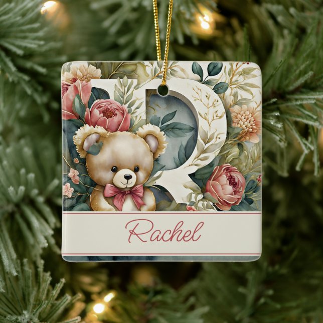 Ornamento De Cerâmica Letra FLoral Teddy Bear R personalizada (Árvore)