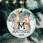 Ornamento De Cerâmica Letra Fotográfica de Criança de Animais Cons Nome<br><div class="desc">Design personalizável de fotografia,  nome e letra com filhotes de animais pintados com aquarelas bonitinhas com elementos falsos de brilho prateado. Personalize para o primeiro Natal do bebê,  ou para qualquer criança como presente personalizado especial.</div>