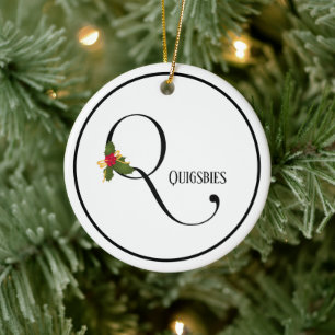 Ornamento De Cerâmica Letra Holiday Holly Monogram Personalizada