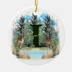 Ornamento De Cerâmica Letra I Monograma Personalizado com Veado em Aquar