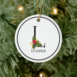 Ornamento De Cerâmica Letra L, Holly Monograma, Natal elegante