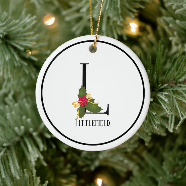 Ornamento De Cerâmica Letra L, Holly Monograma, Natal elegante (Árvore)