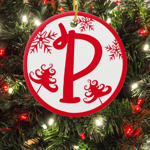 Ornamento De Cerâmica Letra Monograma de Natal P Vermelho Branco