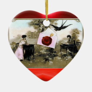 ORNAMENTO DE CERÂMICA LETRA ROMÂNTICA DOS NAMORADOS, MONOGRAMA VERMELHO