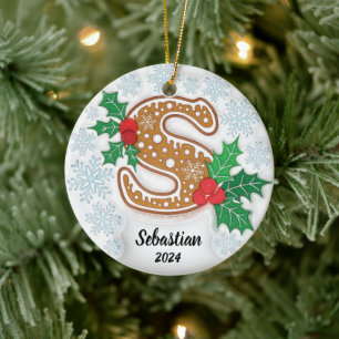 Ornamento De Cerâmica Letra S Nome Personalizado Monograma Natal