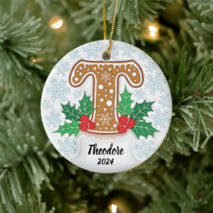 Ornamento De Cerâmica Letra T Nome Personalizado Monograma Natal
