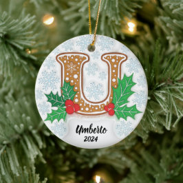 Ornamento De Cerâmica Letra U Monograma de Natal com Nome Personalizado