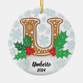 Ornamento De Cerâmica Letra U Monograma de Natal com Nome Personalizado