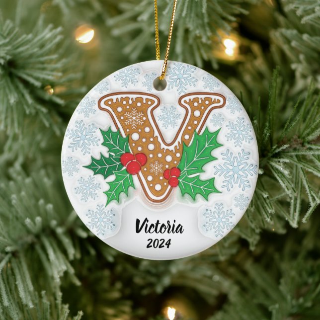 Ornamento De Cerâmica Letra V Nome Personalizado Monograma Natal (Árvore)
