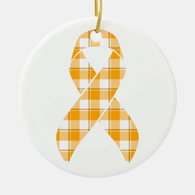 Ornamento De Cerâmica Leukemia Awareness Plaid Orange Ribbon (Frente)