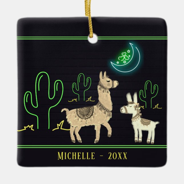 Ornamento De Cerâmica Lhamas personalizadas, Neon Moon e Cactos no Natal (Frente)