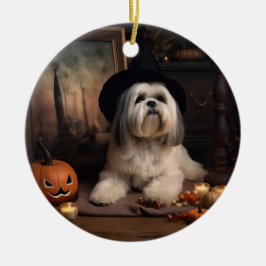 Ornamento De Cerâmica Lhasa Apso Abóboras Dia das Bruxas Assustador