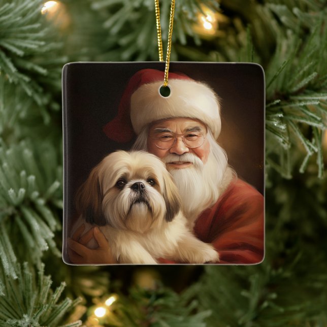 Ornamento De Cerâmica Lhasa Apso Com Papai Noel Natal Festivo (Árvore)