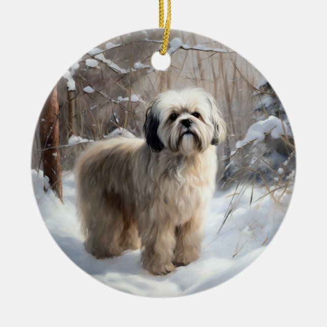 Ornamento De Cerâmica Lhasa Apso Deixe-A Neve Natal (Frente)