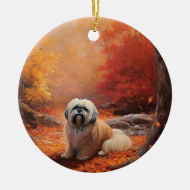 Ornamento De Cerâmica Lhasa Apso no outono Folhas caem inspiração (Frente)