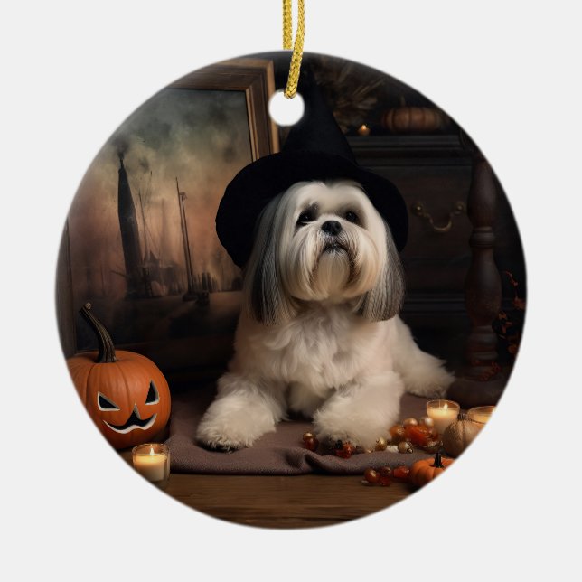 Ornamento De Cerâmica Lhasa Apso Pumpkins Halloween Scary (Frente)