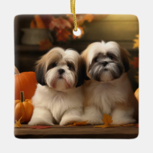 Ornamento De Cerâmica Lhasa Apso Puppy Autumn Delight Pumpkin