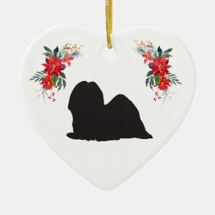 Ornamento De Cerâmica Lhasa Apso Silhouette com Nome Poinsettia